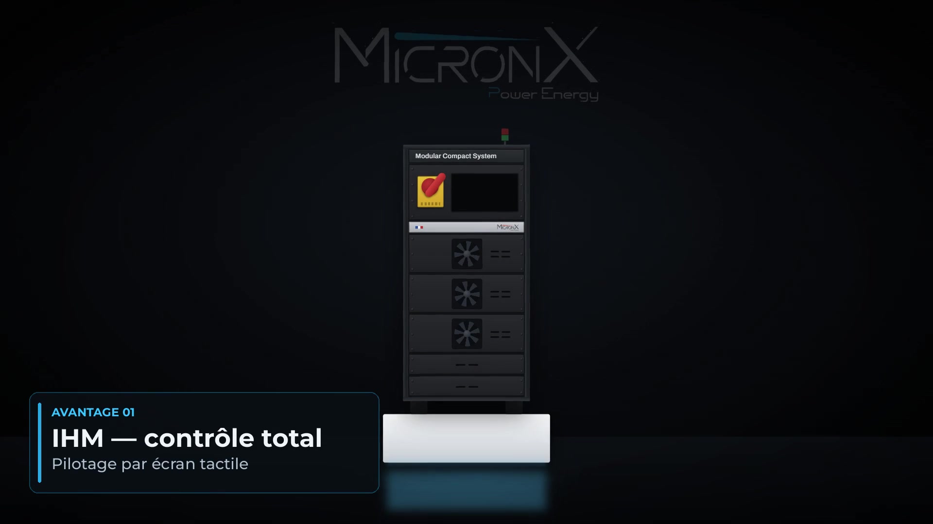 Animation : les avantages de la baie modulaire MicronX — IHM, arrêt d'urgence, refroidissement, diagnostic à distance, quatre tailles disponibles