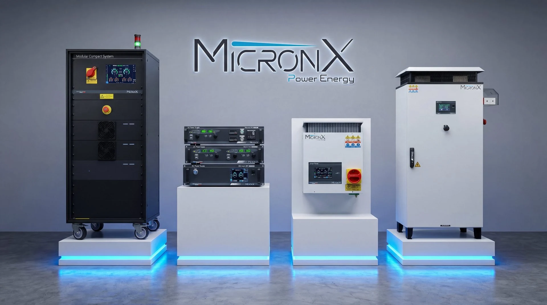 La gamme MicronX : baie modulaire, alimentations Microlab, Smart Panel et armoire Powerswitch, sur estrades lumineuses